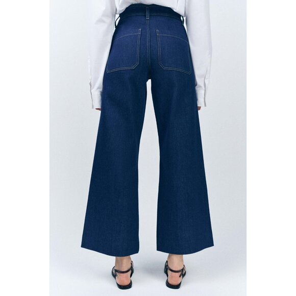 ZARA Patch Pocket Marine Dark Indigo High Rise Wide Leg Jeans, Size 2/24 - Picture 3 of 15
